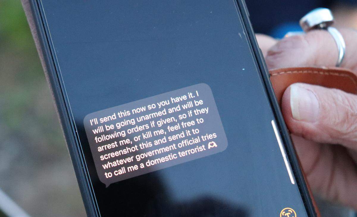 A screenshot text Karen Oothoudt received from a loved one in Minneapolis before they left to protest ICE. Immigration officers have shot and killed two people in the city streets within the month as of Jan. 26, 2026.