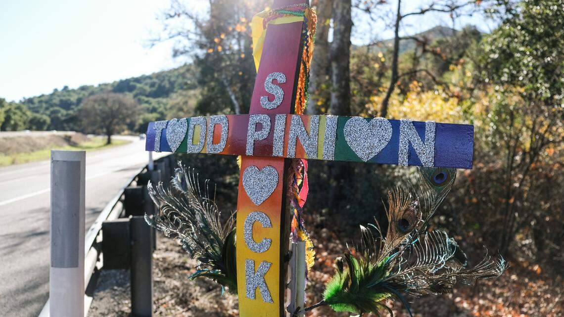 A memorial cross commemorating the life of Todd Pinion and his dog, Spock, located at Tassajara Creek Road and Highway 101 southbound in Santa Margarita pictured on Dec. 18, 2024. Pinion was reportedly murdered in an alleged hate crime on Oct. 23, 2024. His dog, Spock, was found dead at the bottom of the Cuesta Grade while Pinion’s body was found in a rural area on Tassajara Creek Road.