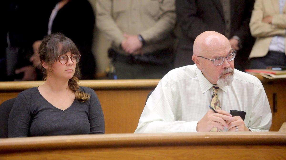 Emily Bales was sentenced to more than six years in prison Monday for vehicular manslaughter after hitting and killing pedestrian Dale Paulsen while texting and driving impaired in Los Osos on Nov. 18, 2018. She is pictured with attorney Ilan Funke-Bilu, at right.