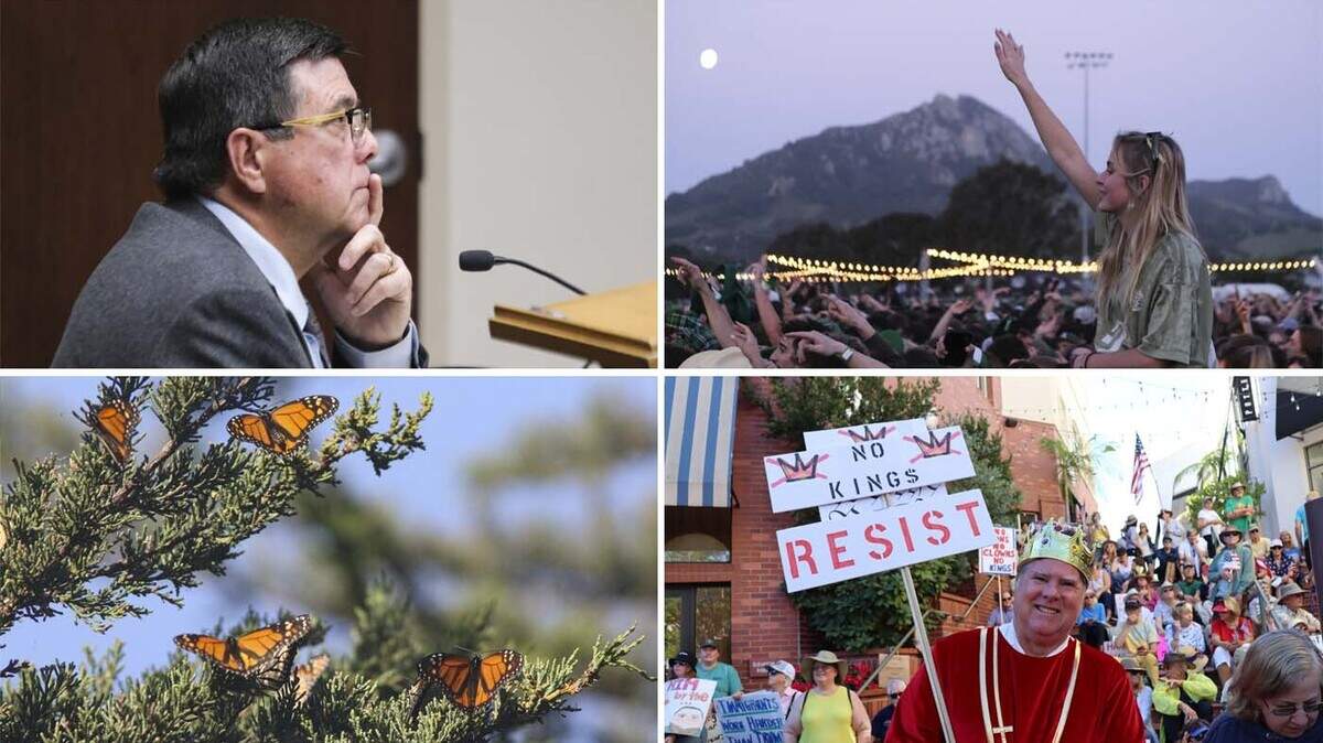 Clockwise from top left: Paso Robles Councilman Chris Bausch, St. Fratty’s Day at Cal Poly, the No Kings rally in downtown San Luis Obispo to protest the Trump administration and support Prop. 50 on Oct. 18, 2025, and monarch butterflies in Pismo Beach.