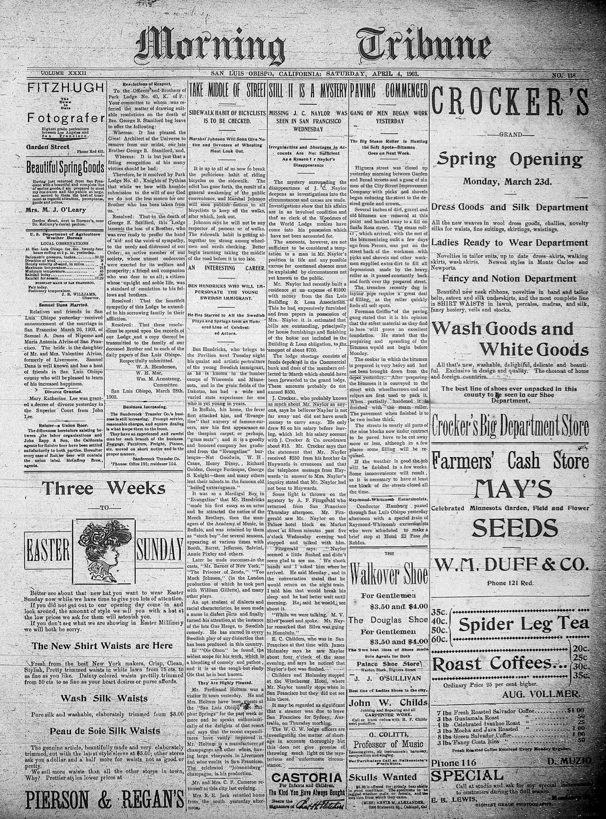 The late George Staniford, former Tribune editor was remembered in the Morning Tribune April 4 1903. Another article admonished dangerous bicycle riders.