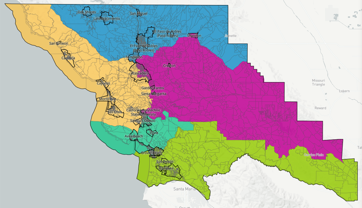 A redistricting map created by the San Luis Obispo Chamber of Commerce map is one of two finalists selected by the Board of Supervisors. It’s similar to the current map in that it maintains the North Coast in one district, splits representation of SLO among three supervisors, and keeps Oceano with Nipomo. But it would also split Atascadero into two districts and move Templeton into one district.