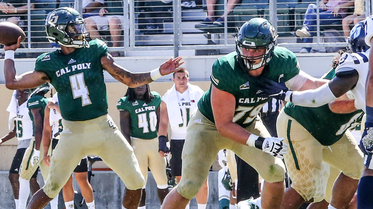 Cal Poly quarterback Jalen Hamler, pictured here against San Diego in the 2019 season opener at Alex G. Spanos Stadium, led the Mustangs to a victory Saturday over Southern Utah. 