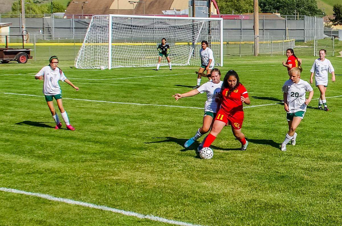 Hatzumy Ramirez, who played soccer all four years at Coast Union High School in Cambria, was named Female Athlete of the Year. Here she battles for ball control in a recent game.