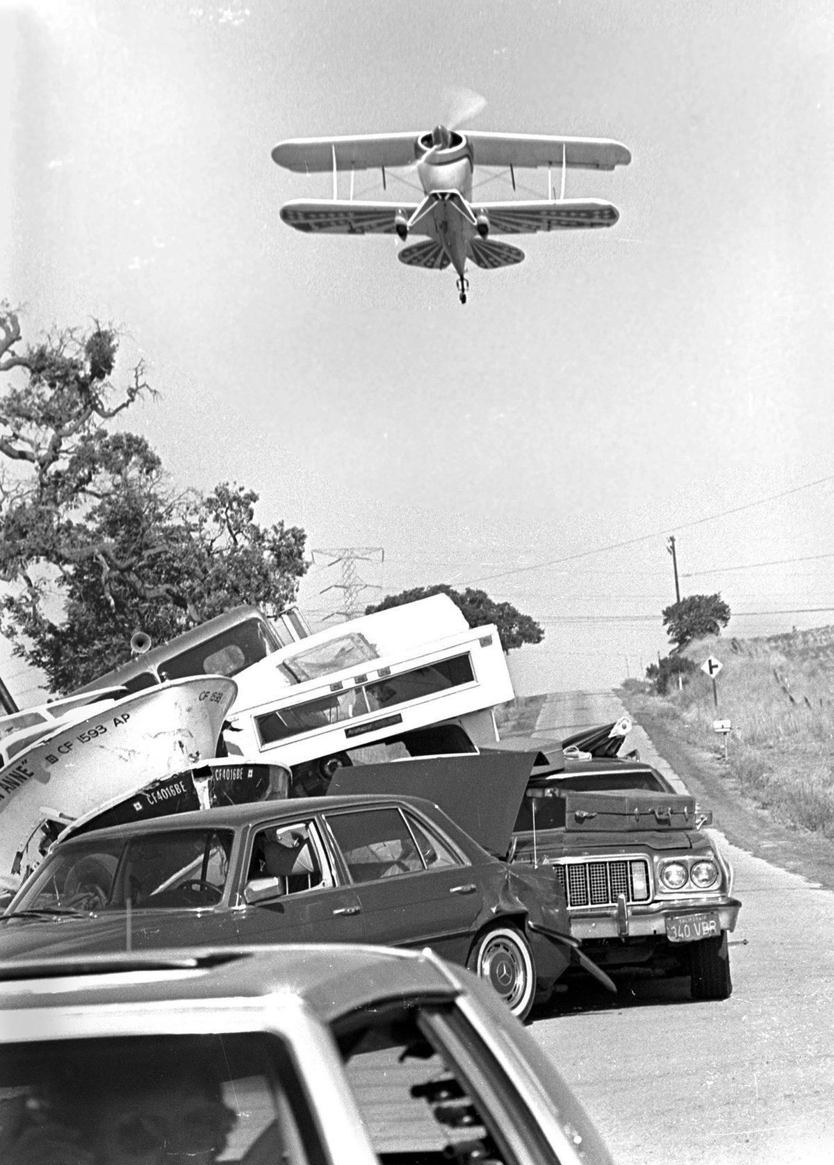 “The Junkman” films on Jardine Road on Aug. 16, 1980. The independent filmmaker H.B. Halicki set a record for number of vehicles and aircraft destroyed during the two years of production, about 250 from Halicki’s personal collection.