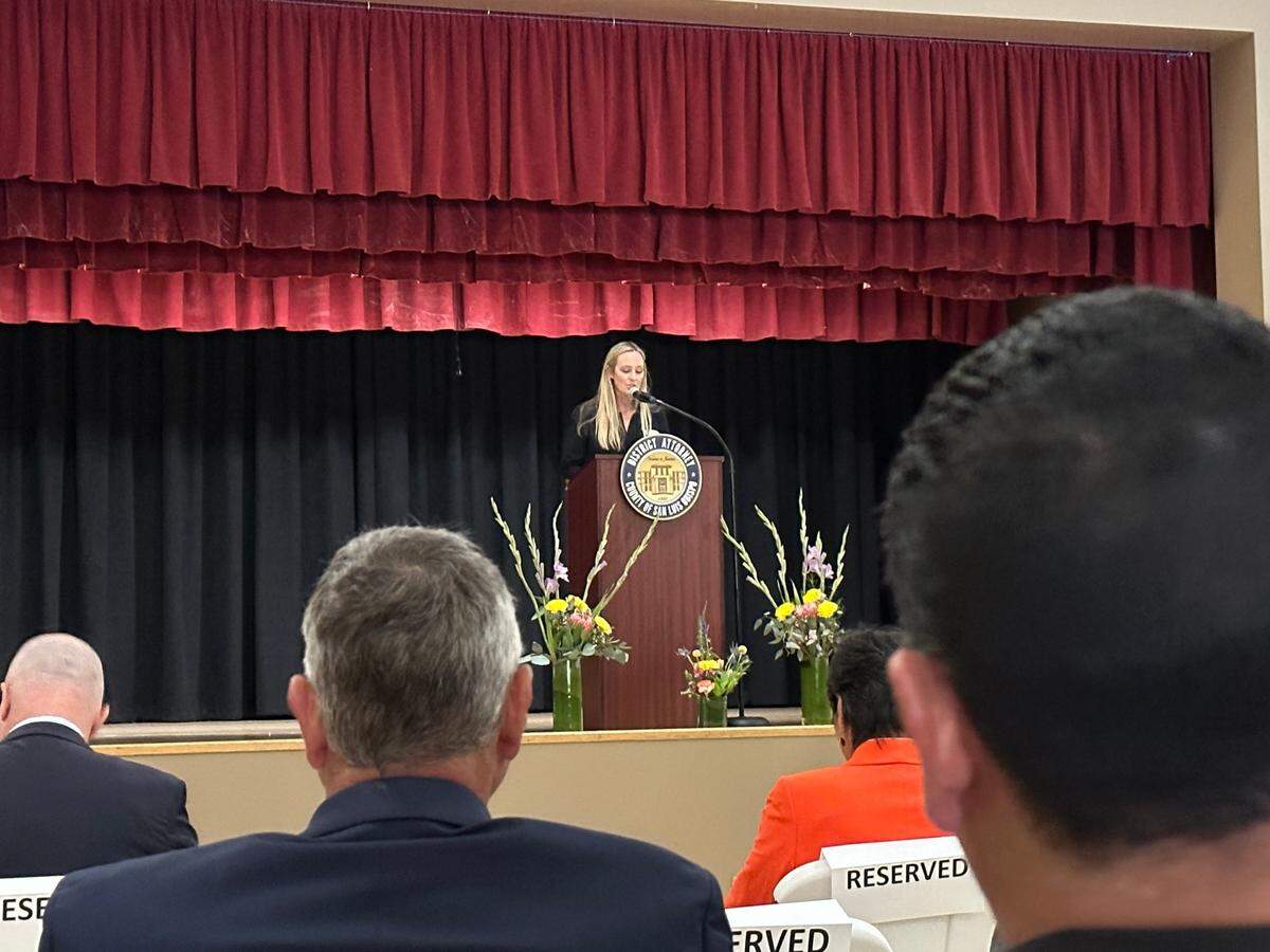 San Luis Obispo County District Attorney’s Office Victims Witness Assistance Director Jessica Yates speaks at a Victims Rights Awareness Month event at San Luis Obispo Veterans Memorial Hall on April 17, 2023.