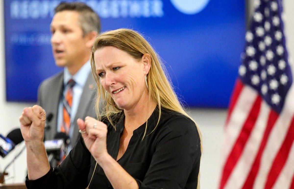 Sign language interpreter Robin Babb translates for San Luis Obispo County Administrative Officer Wade Horton during a coronavirus press conference in April. David Middlecamp 4-30-2020