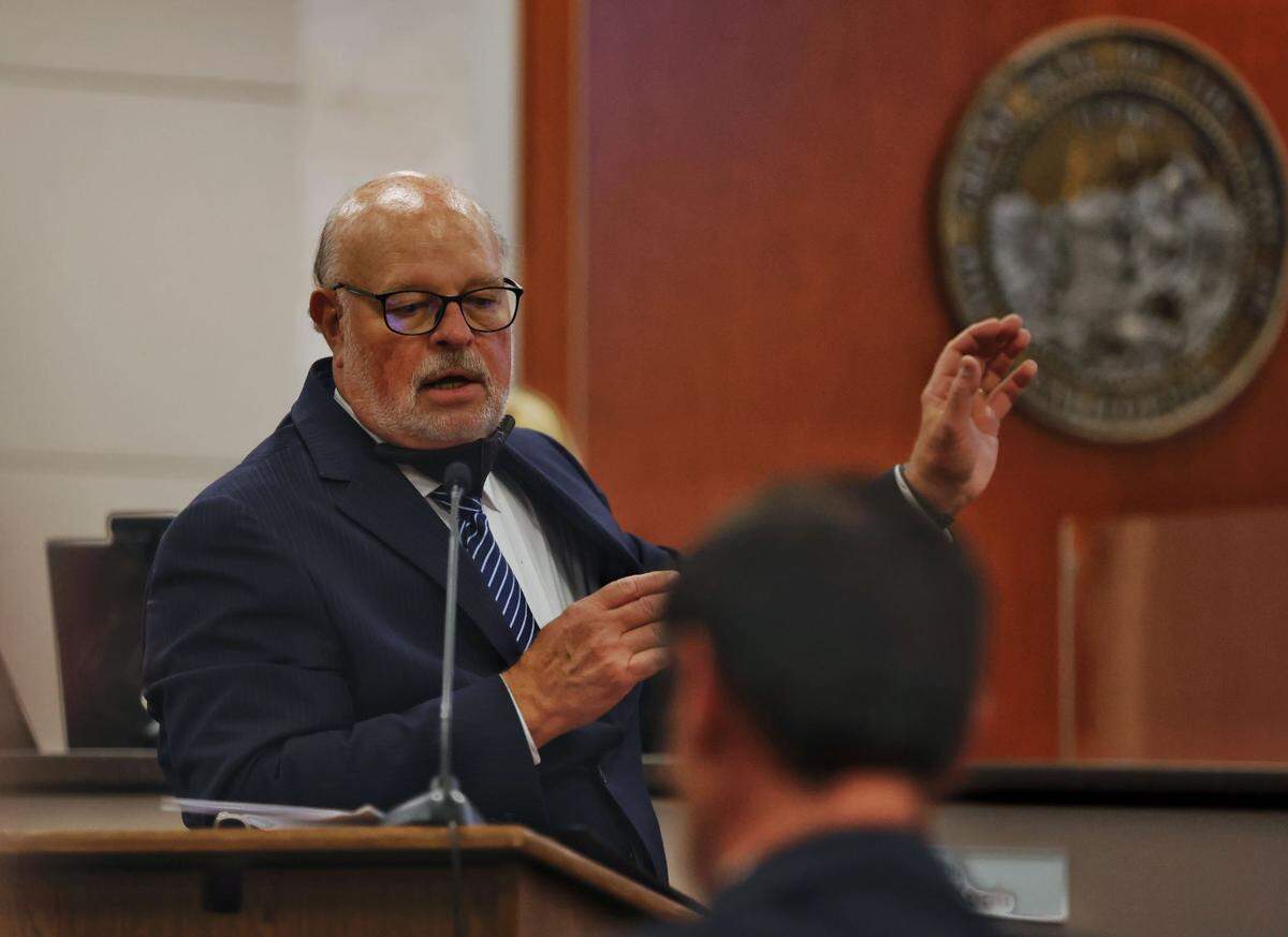 Defense attorney Robert Sanger speaks during the Kristin Smart murder trial in Monterey County Superior Court in Salinas. He represents Paul Flores, who is accused of killing the Cal Poly student.