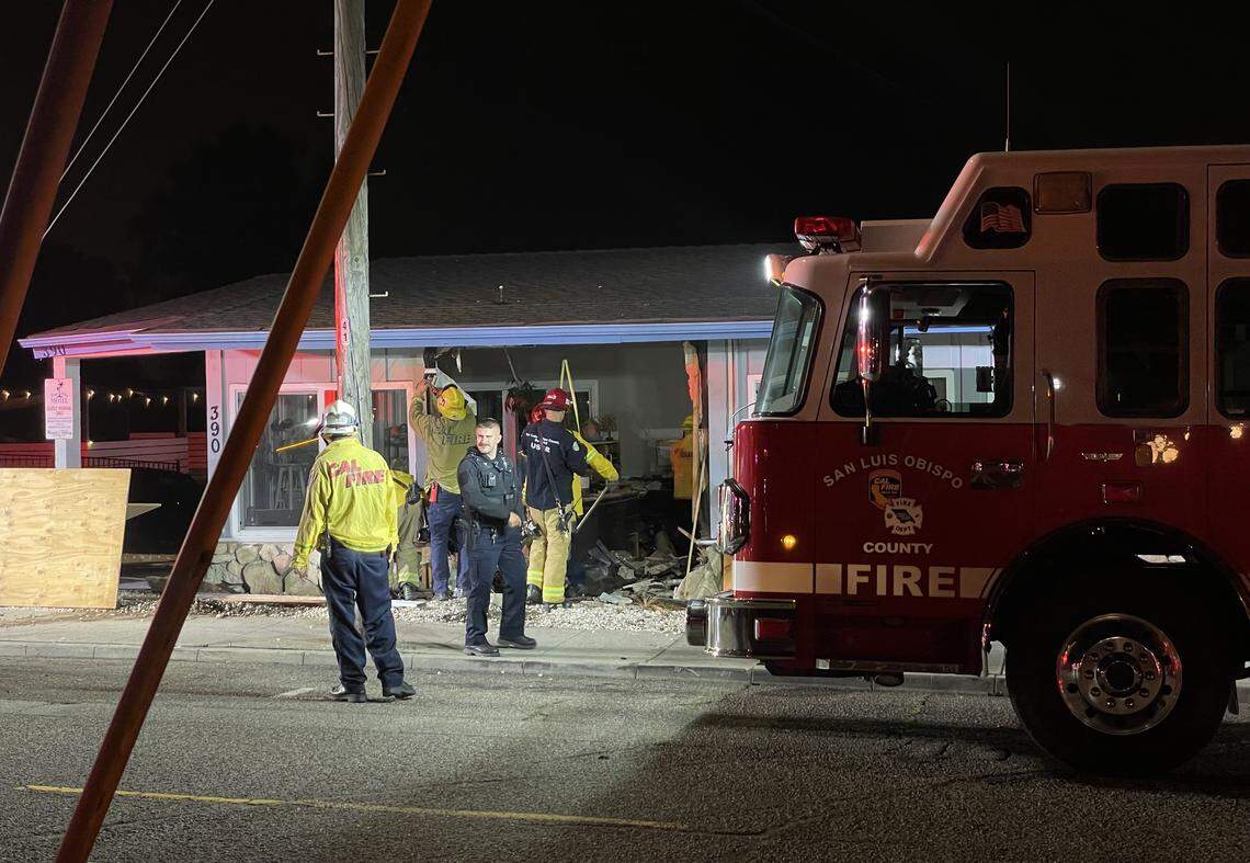 A car crashed into the Ocean Palms Motel in Pismo Beach on Sept. 24, 2025, injuring three people. The building was declared unstable and crews were working to clear the area.