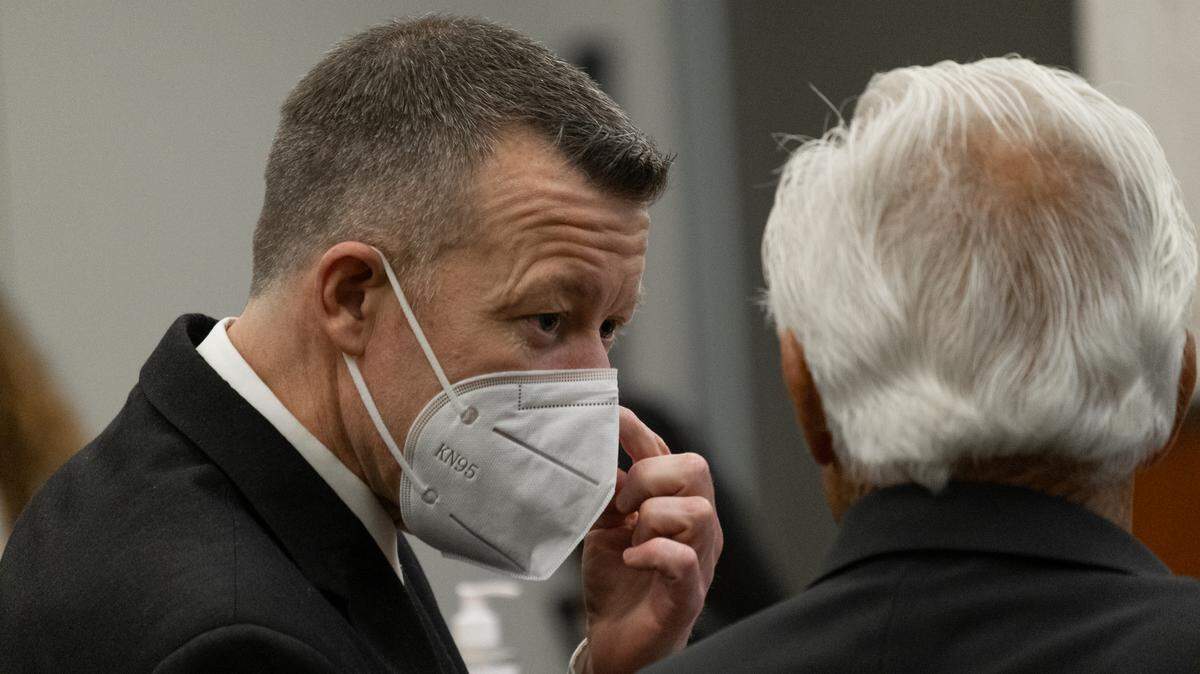 Paul Ruben, left, and Ruben Flores await court proceedings to begin in the Kristin Smart murder trial on Tuesday, July 26, 2022, in Monterey County Superior Court in Salinas.