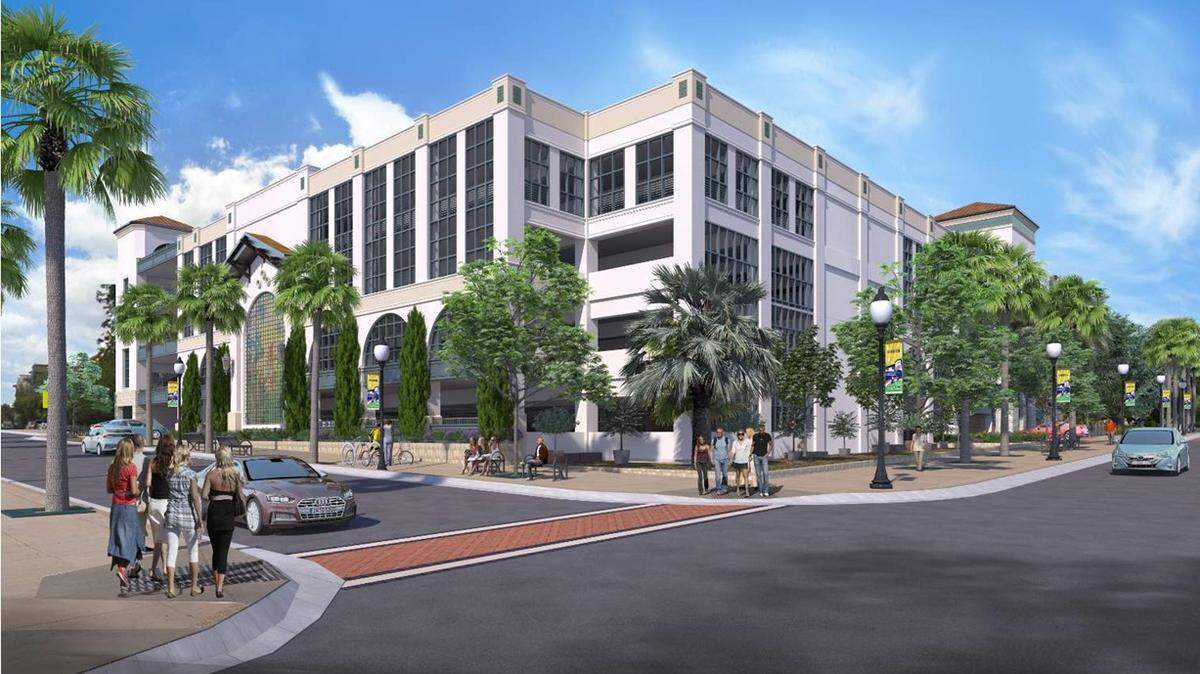 A rendering shows the view from Palm and Nipomo streets of the new Cultural Arts District Parking Structure in downtown San Luis Obispo. Work began on the property May 1, 2023.