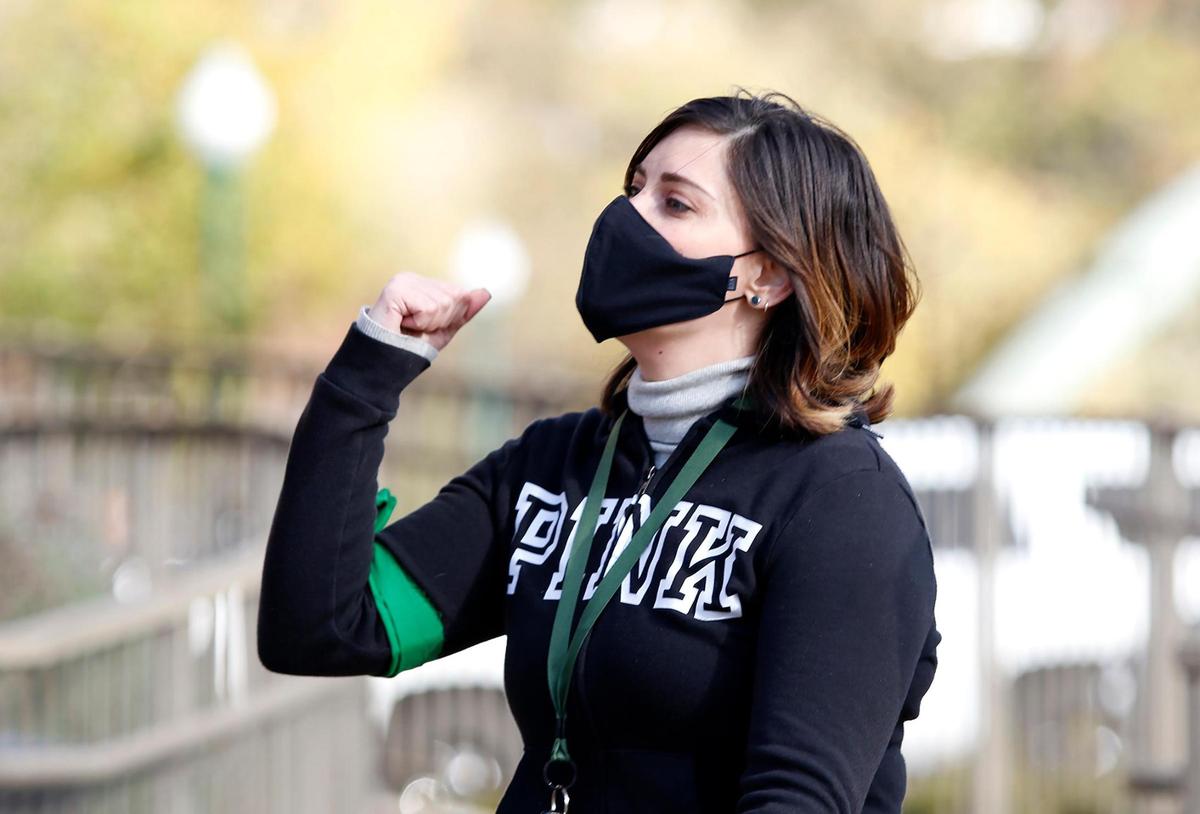 Elle Jacobs, a parent who has two children in Atascadero schools, spoke at the protest rally. Atascadero High School student and some parents walked in protest from the school to Sunken Gardens for a demonstration against sexual harassment, racism and homophobia revealed in a new Instagram account that is publishing anonymous stories about incidents at the school.