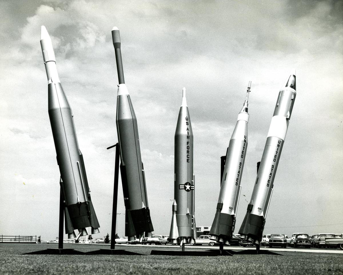 SPACE AGE ARSENAL…This Atlas family of pioneer space vehicles, built by Convair, will be shown at the “open house” for the public at Vandenberg AFB. Shown here left to right are models of the Atlas-Agena Atlas Able, Atlas D-ICBM, Atlas-Mercury and Atlas Centaur. The base announced an open house in an article published Sept. 27, 1960.