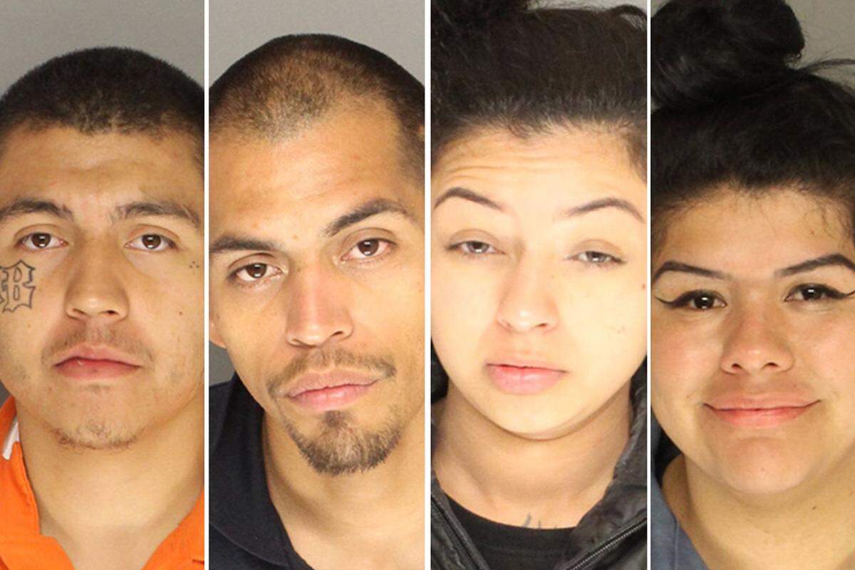 Charges were filed Friday against four people — from left, Igor Rai Ortiz, Angel Rafael Barajas, Adelain Leilani Ibarra, and Alondra Ochoa — in connection with the June 1 slaying of Alberto Suarez Torres on Santa Barbara’s Eastside. Prosecutors say the killing was gang-related.