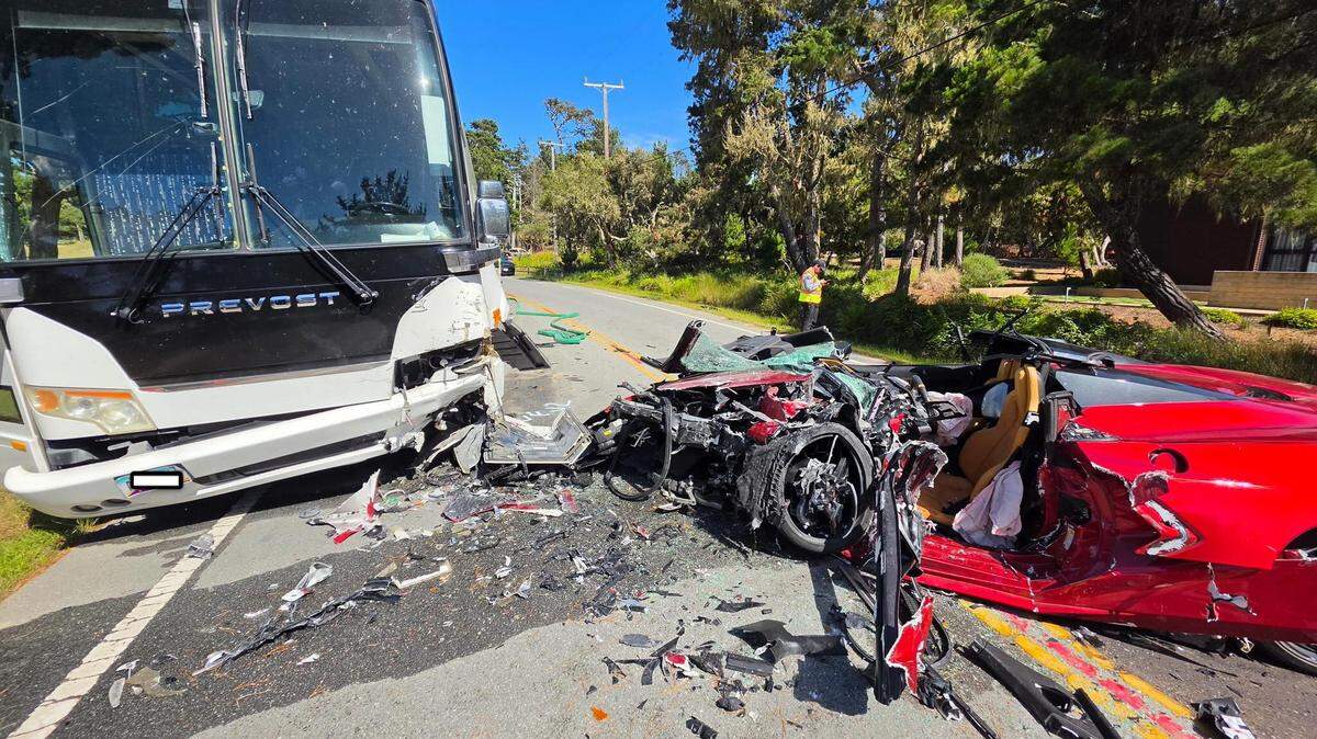A Corvette crossed double-yellow lines on Pacific Grove’s 17-Mile Drive and crashed head on into a full-sized tour bus Saturday, May 16, 2026.