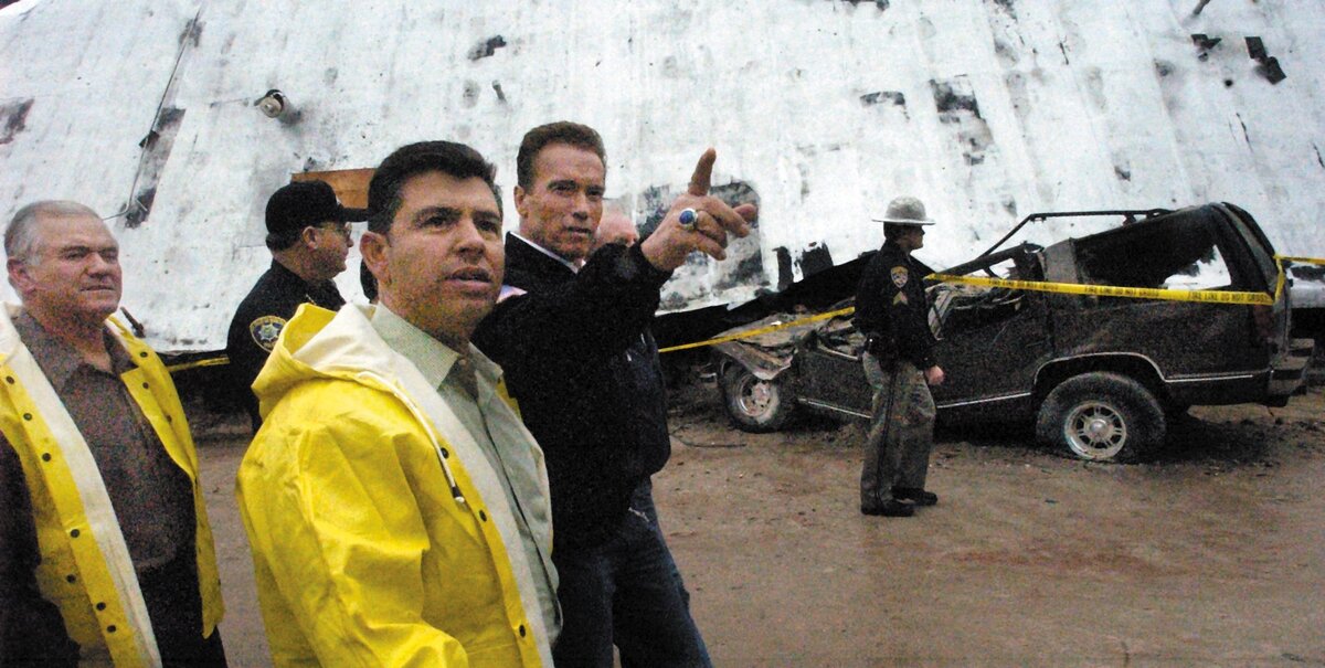 Paso Robles Mayor Frank Mecham, state legislator Abel Maldonado walk with California Gov. Arnold Schwarzenegger and view damage in downtown Paso Robles on Pine Street on Dec. 23, 2003. The governor declared San Luis Obispo County a disaster area in the wake of the San Simeon Earthquake .