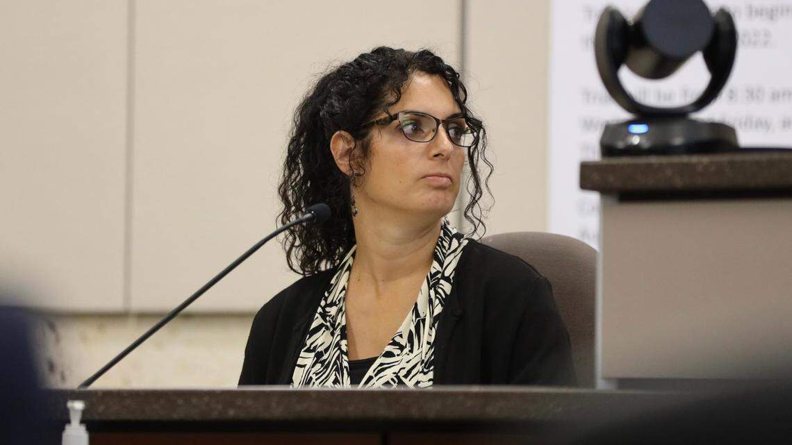 Angie Carrizel testifies in the Kristin Smart murder trial against her ex-boyfriend, Paul Flores, in Monterey County Superior Court in Salinas on Aug. 26, 2022.