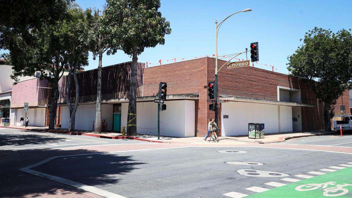 Improvements are underway and windows covered at 1144 Chorro St. as Cal Poly updates the former site of Rileys department store and later Copeland Sports and Sports Authority. It’s seen here on June 16, 2025.