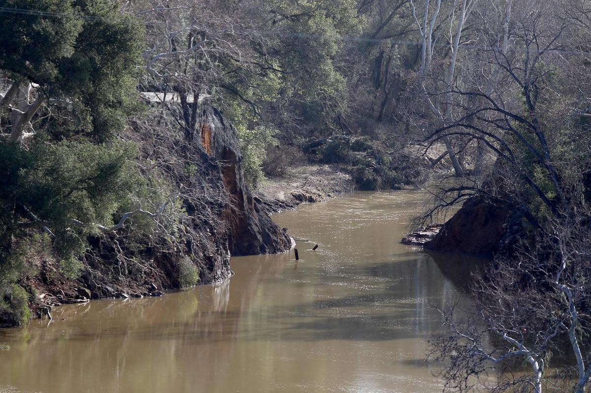 About 100 feet of Chimney Rock Road northwest of Paso Robles washed away in a recent rain storm, as seen on Saturday, March 11, 2023.