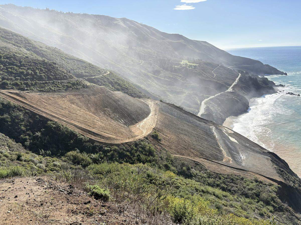 Despite rains and fog in November 2025, work is proceeding to secure Highway 1’s Regents Slide in Big Sur.