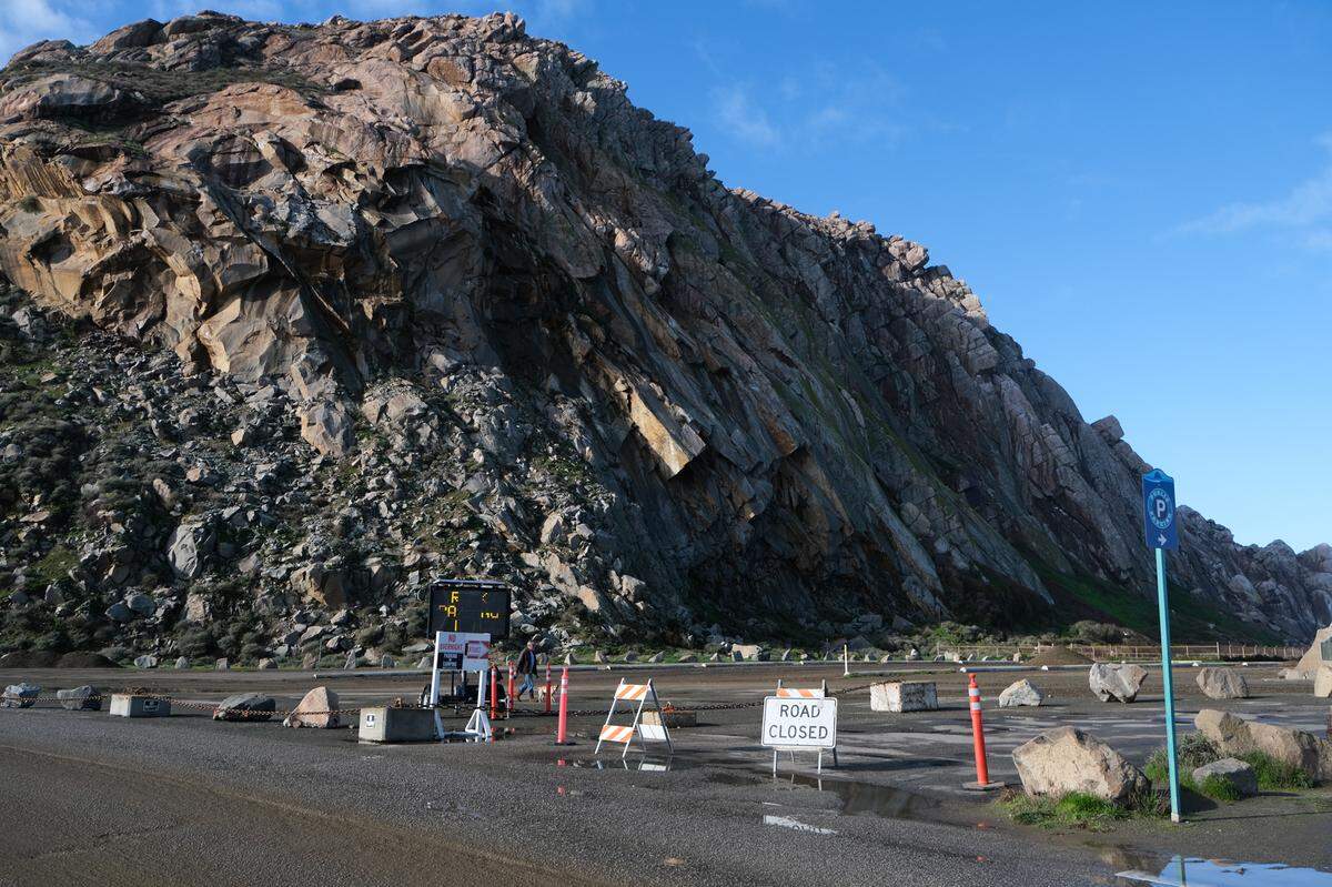 The main parking lot at Morro Rock in Morro Bay will be closed Jan. 1-Jan. 5, 2024, after high surf flooded the lot at the end of December.
