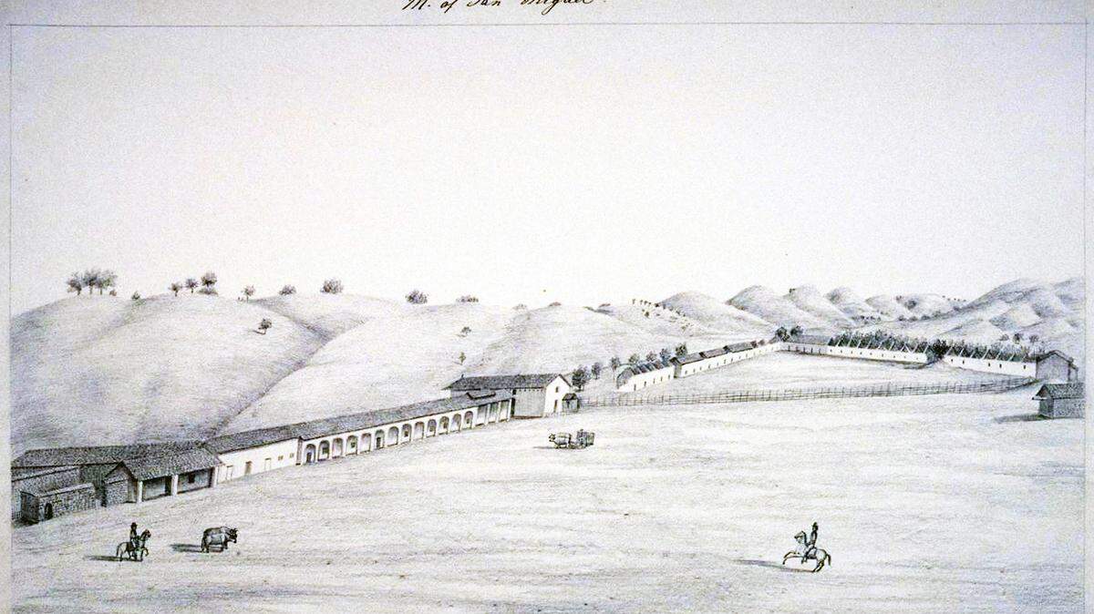 Extensive buildings constructed by Father Juan Cabot at Mission San Miguel Arcangel as drawn by Henry Miller in 1856.