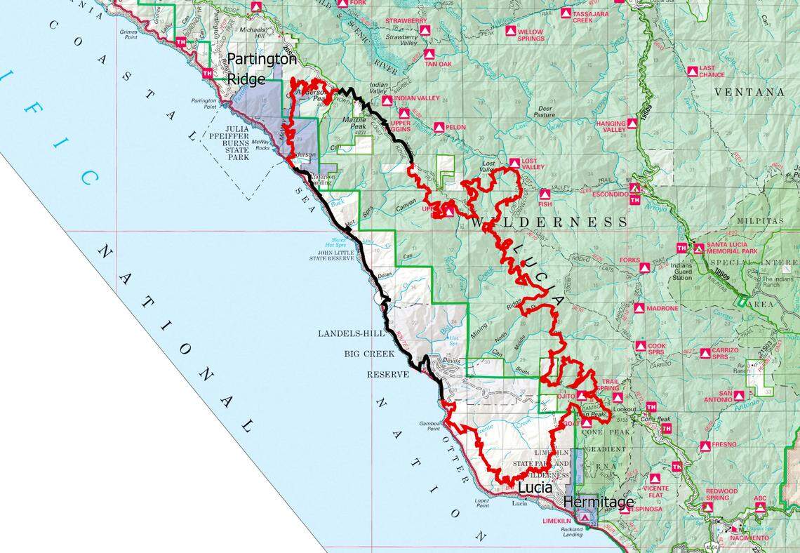A map released by the U.S. Forest Service shows the burn area from the Dolan Fire near Big Sur as of Saturday, Aug. 29, 2020. The fire has burned more than 25,000 acres.