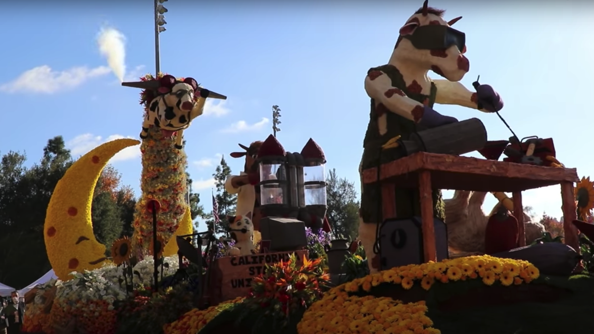 Cal Poly Universities’ 2022 Rose Float won the animation for “Stargrazers,” depicting a scene that mixed the themes of the “Hey Diddle Diddle” nursery rhyme with the “hardworking atmosphere of a college campus,” a news release said. It showed a team of cows building jet packs to fly over the moon.