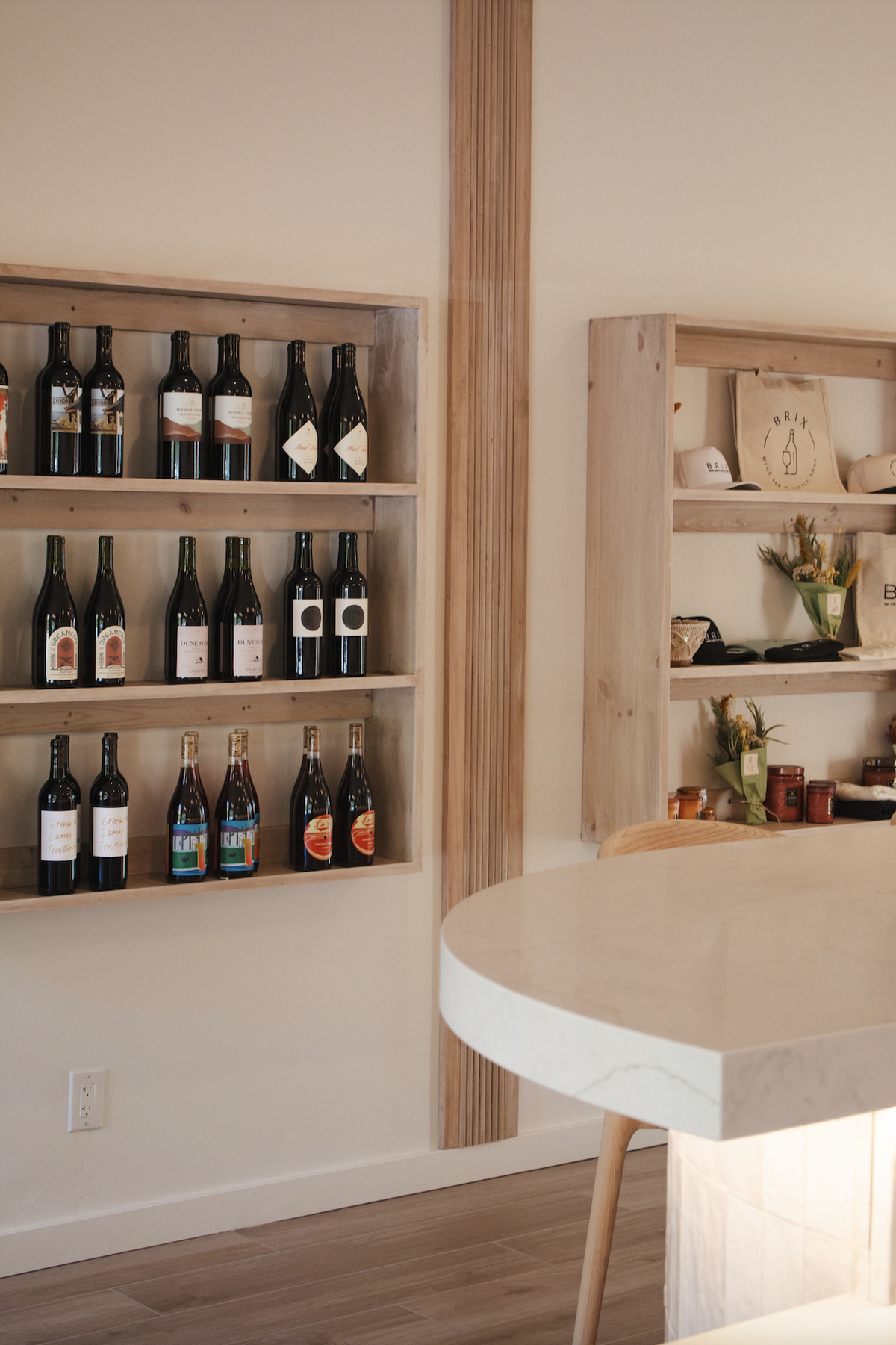 Brix Wine Bar and Bottle Shop’s interior is decorated with local wines.