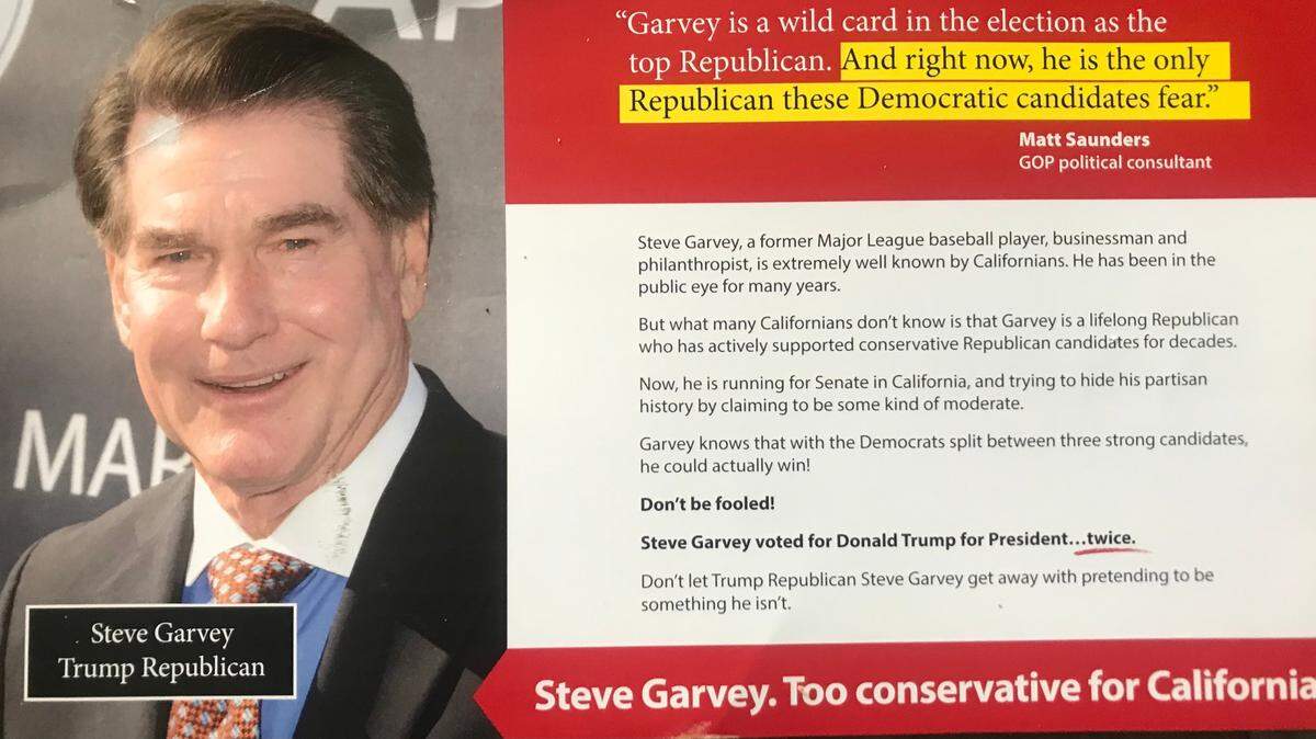 A mailer financed by the Adam Schiff campaign aims to convince GOP voters that Steve Garvey is a viable, conservative candidate.