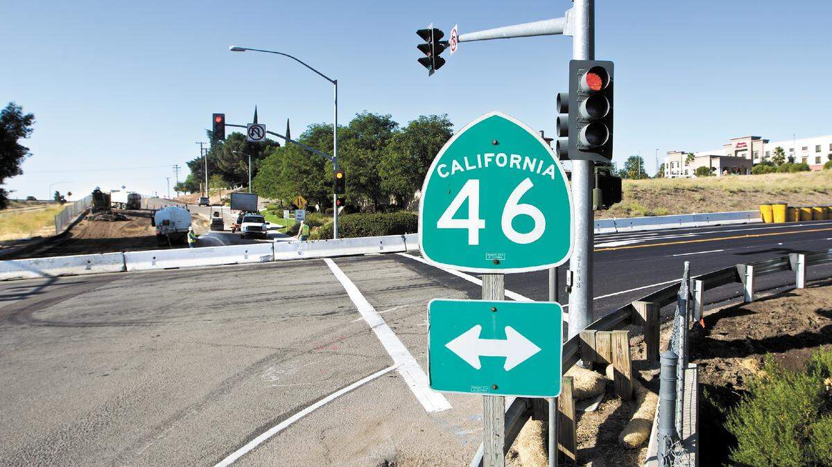 Theatre Drive at the intersection of Highway 46, in the background at left, has been closed. Access to businesses will be via a new route to the west, while the old street north of Alexa Court will be replaced with landscaping. August 2011