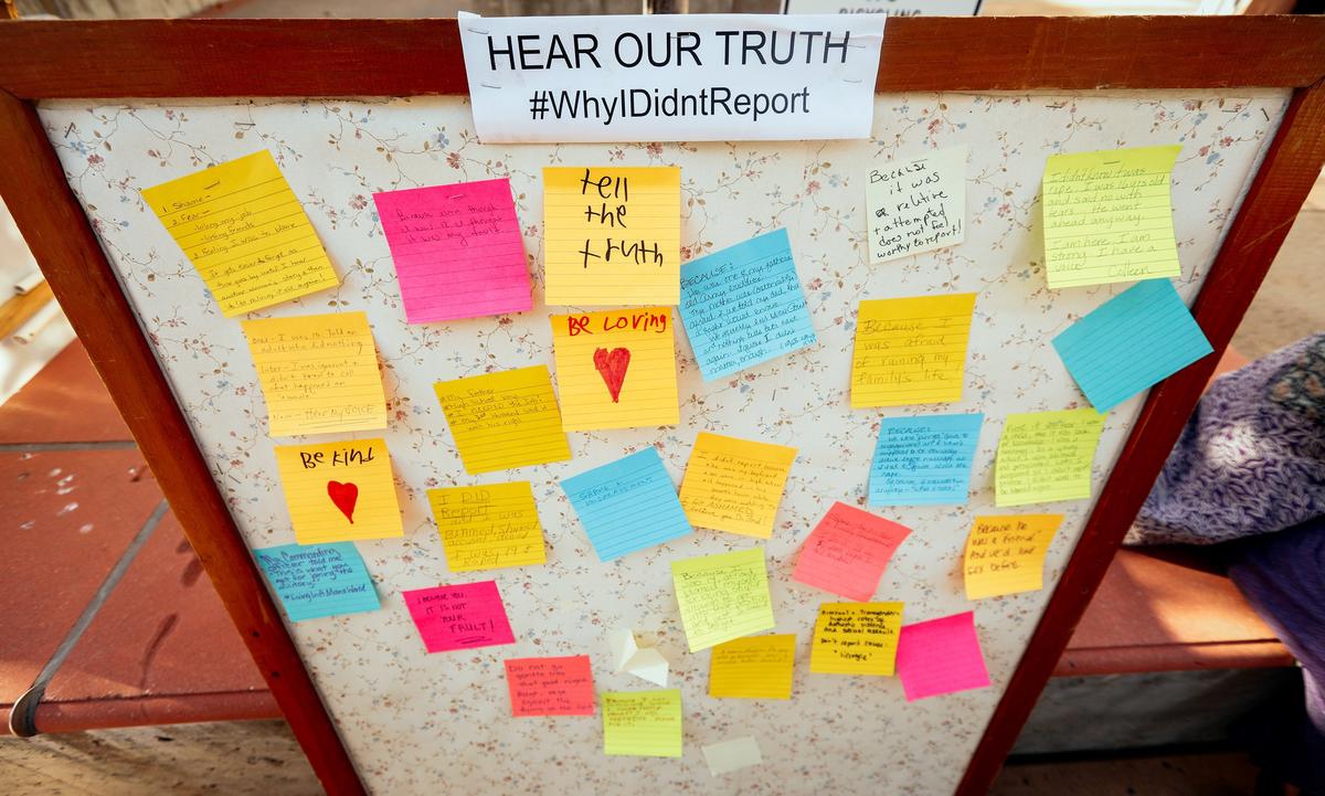 Several notes were posted to the “Hear Our Truth” board at the #WhyIDidntReport rally, listing the reasons that victims did not report their sexual abuse.