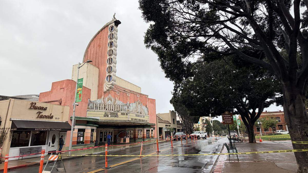 Monterey Street in San Luis Obispo was closed on Tuesday, Feb. 17, 2026, after a chunk of the Fremont Theater’s vertical marquee fell off.
