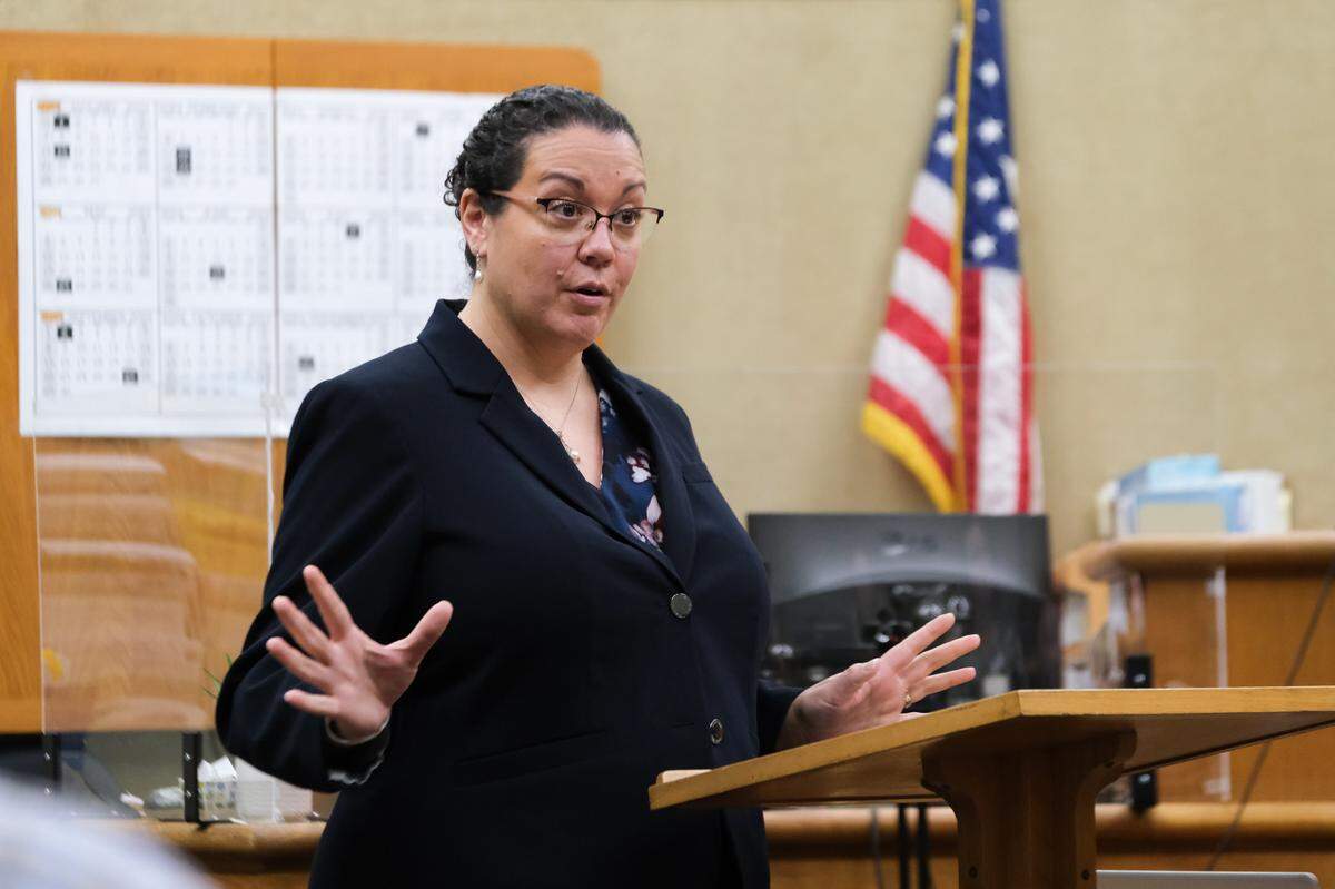 San Luis Obispo County Deputy District Attorney Melissa Chabra gives opening statements in the murder case against Marco Antonio Cota Jr. in San Luis Obispo Superior Court on Feb. 1, 2024. He is accused of killing Rick Fowler and jamming sticks into his body on Nov. 20, 2021.