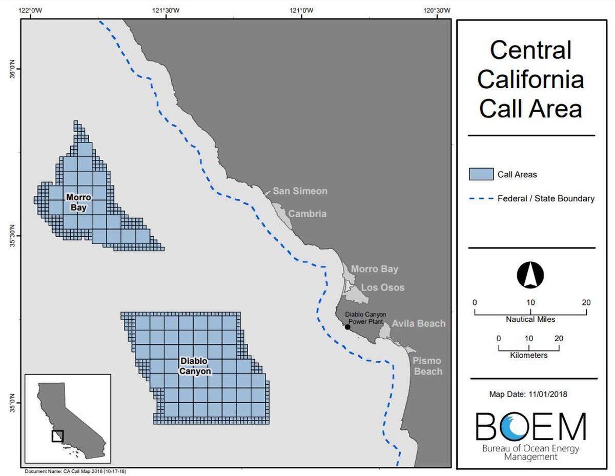 The areas off the Central Coast where floating offshore wind turbines could be constructed.