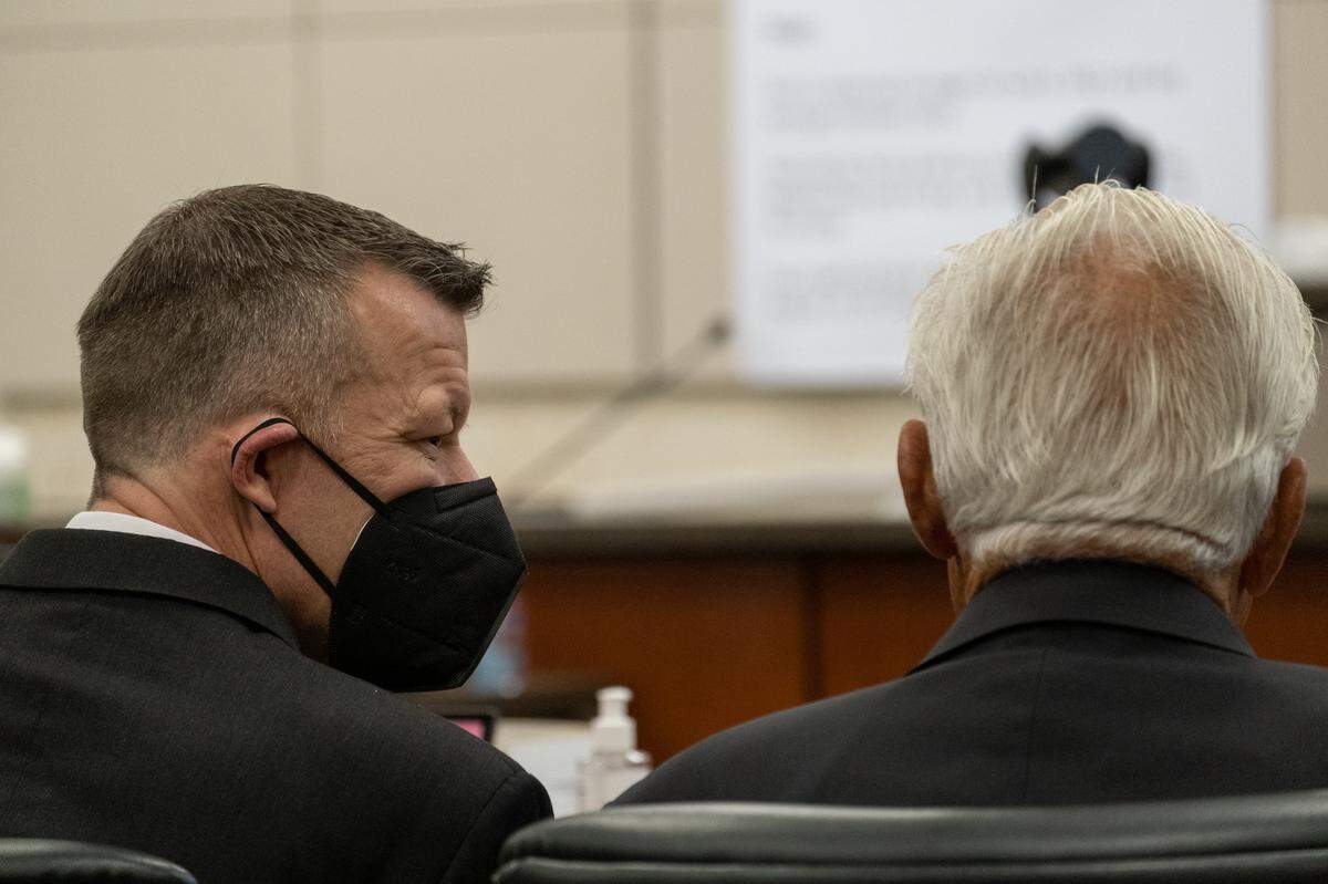 Paul Flores, left, and his father, Ruben Flores, appear in Monterey County Superior Court in Salinas on Wednesday, Aug. 24, 2022, during the Kristin Smart murder trial.