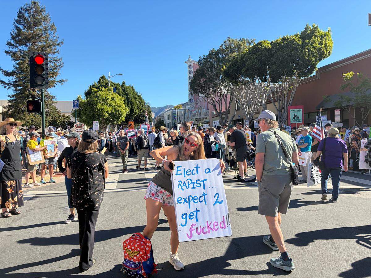 Thousands of people attended the No Kings rally in downtown San Luis Obispo to protest the Trump administration and support Prop. 50 on Oct. 18, 2025.