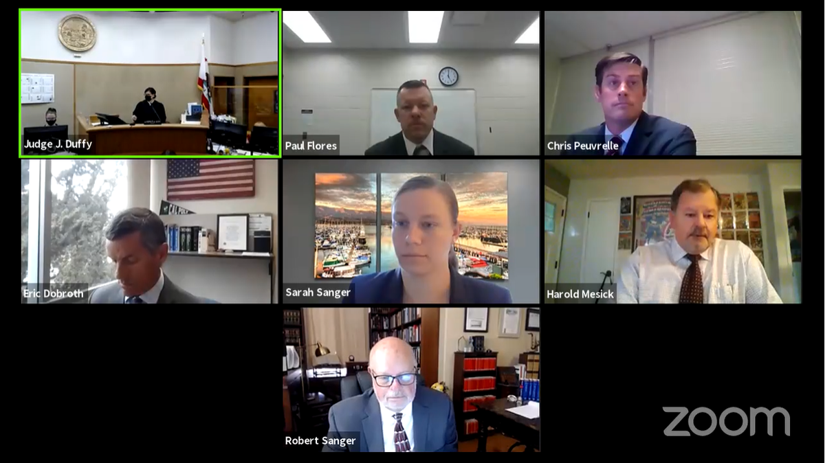 Clockwise from upper left are San Luis Obispo Superior Court Judge Jacquelyn Duffy, Paul Flores, deputy district attorney Christopher Peuvrelle, defense attorney Harold Mesick, defense attorney Robert Sanger and assistant district attorney Eric Dobroth. At center is Sarah Sanger, also Paul Flores’ attorney. All attended a court hearing on June 30, 2021, to reschedule a preliminary hearing in the Kristin Smart murder case.