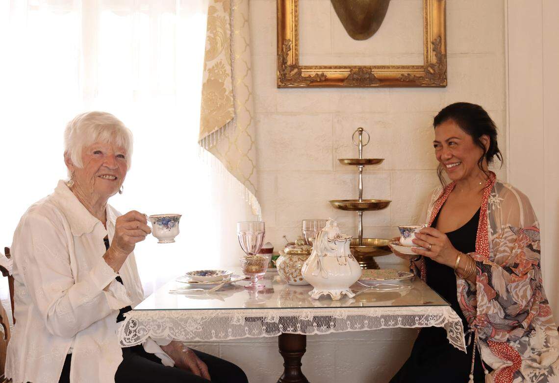 The Tea Trolley is reopening in Atascadero under new ownership, but the same name, on Friday, Sept. 26, 2025. Deneen DiCarlo, the shop’s new owner, right, worked closely with its founder, Wendy Richardson, to preserve her legacy while bringing a new, whimsical twist to the tea room.