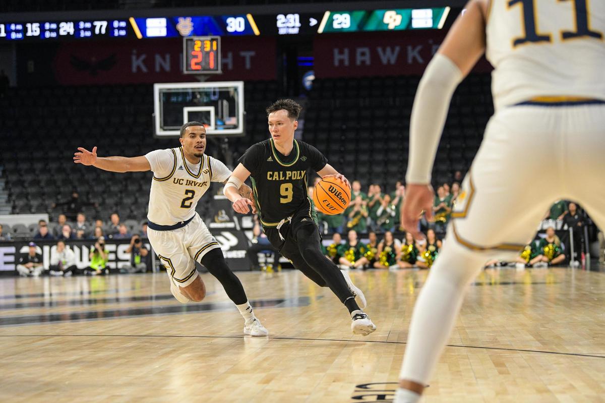 Mac Rinicker goes for a layup in Cal Poly’s 96-78 semifinal loss to UC Irvine at the Big West Championships on March 14, 2025.