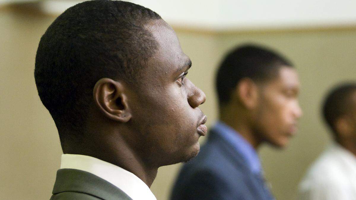 Cortland Josiah Fort, 20, of Fontana, one of five Cal Poly football players arrested in connection with an Aug. 10 attempted armed robbery at the Delta Sigma Phi fraternity house, appears in court Monday, Aug. 25, 2014, in San Luis Obispo.