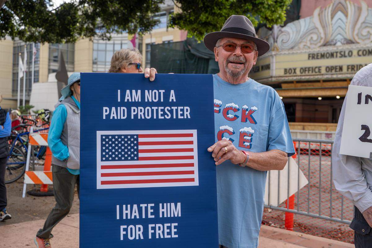Paso Robles resident Bill Miller attends a No Kings protest in San Luis Obispo on Saturday, March 28, 2026. Organizers estimated around 2,500 people attended the San Luis Obispo protest, with more in Atascadero, Cambria and Grover Beach.