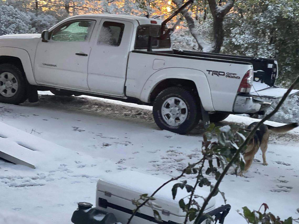 Snow dusts the hills along the Big Sur coast on Wednesday, Feb. 18, 2026.