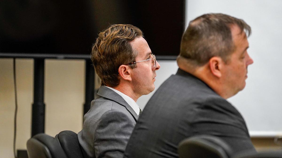 Nate Abate, left, sits with his attorney Scott Taylor during the trial against him in San Luis Obispo Superior Court Friday, Oct. 18, 2024. Abate was charged with two counts of rape by force, one count of rape by intoxication and oral copulation of a minor — all felonies.