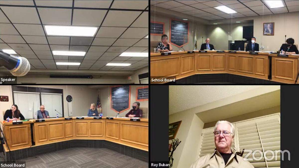 A screen capture from the March 1 Atascadero Unified School District Board of Trustees meeting recorded on YouTube. An Atascadero High School grad has started a petition calling for the removal of Trustee Ray Buban and board President Terri Switzer over comments they made at the meeting over COVID-19 vaccine rules and mask protesters.