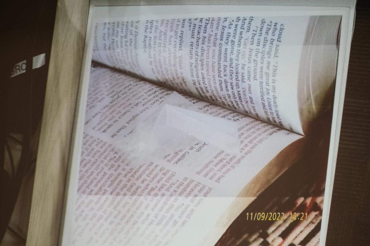 Photos of fentanyl hidden inside a Bible found inside Brandi Turner’s RV during a Nov. 9, 2022, search, were shown in San Luis Obispo Superior Court on Jan. 12, 2024.
