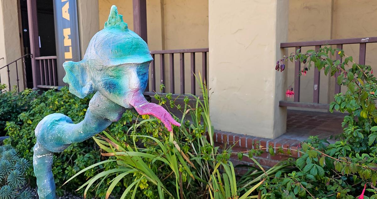 Cambria’s Scarecrow Festival is back. It runs the entire month of October. Whimsical alien scarecrow sculptures in front of Cambria Center for the Arts