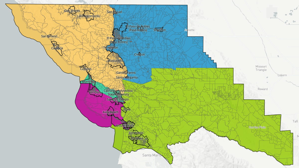 The Patten map, created by resident Richard Patten, dramatically redraws San Luis Obispo County’s supervisor districts by splitting the current North Coast into three districts with Los Osos in one, Morro Bay in another, and Cayucos, Cambria and the rest of the region in a district with Atascadero. It divides the city of SLO between two supervisors instead of three, but it does not have SLO represented wholly by one person, as has been the refrain of supporters of the plan. It also separates Oceano from Nipomo in a district that runs from the southern end of Pismo Beach to the edge of Morro Bay State Park and includes the Laguna Lake and airport areas of SLO. Santa Margarita is grouped with Templeton and Paso Robles, rather than neighboring Atascadero.