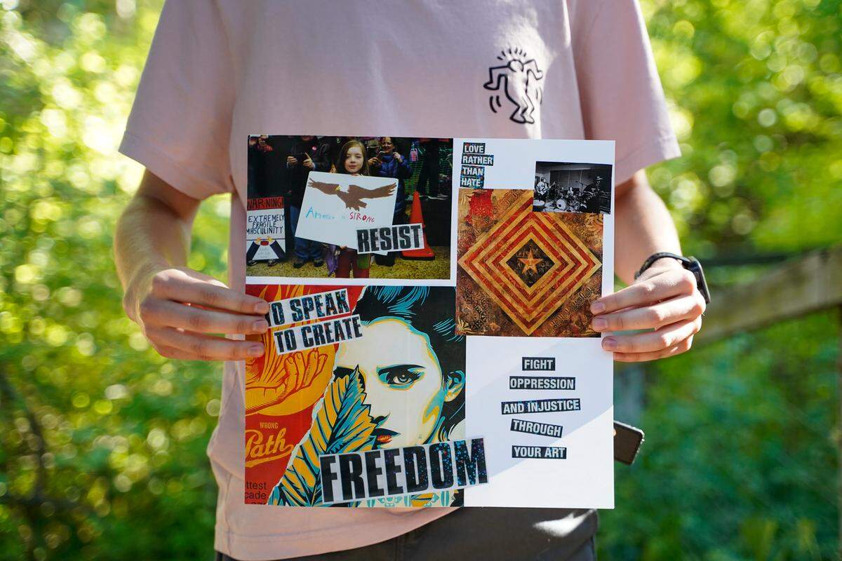 Atascadero Middle School student Selby holds a piece of art they made inspired by their activism, pictured here Monday, June 30, 2025. Selby uses they/them pronouns and is a member of the LGBTQ+ community, founding their middle school’s Gay Straight Alliance.