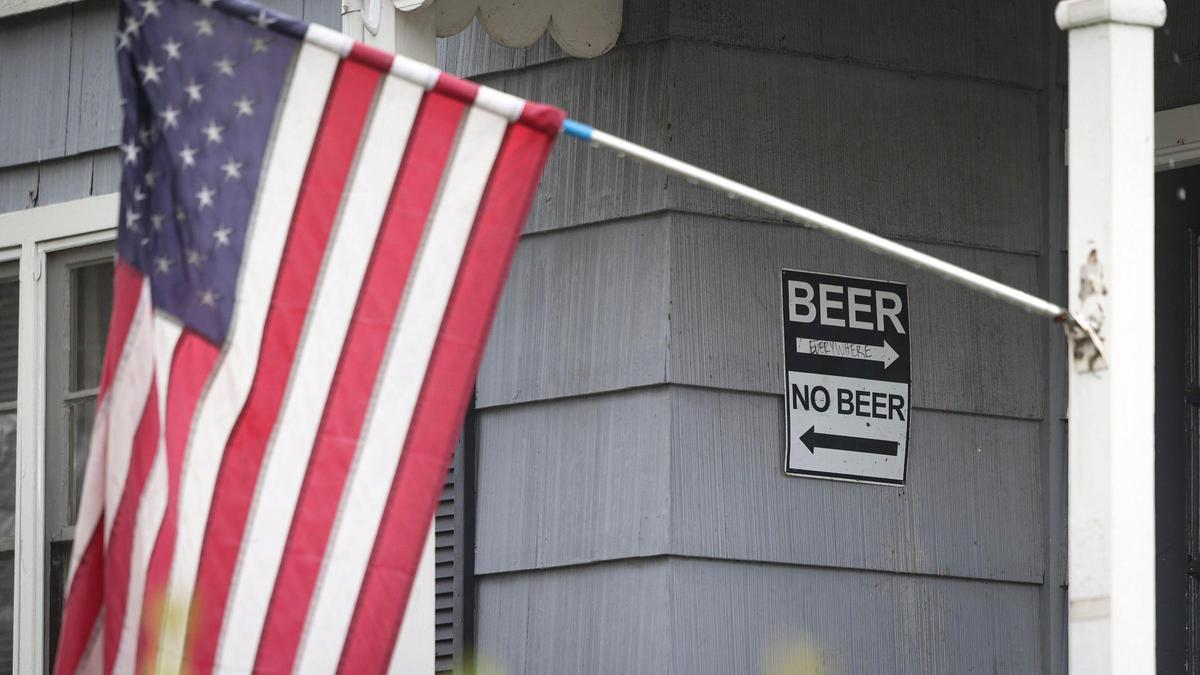 A sign near the front door of a Hathway Avenue home suggests there is beer inside, on March 14, 2025, the day before St. Fratty’s Day in San Luis Obispo.
